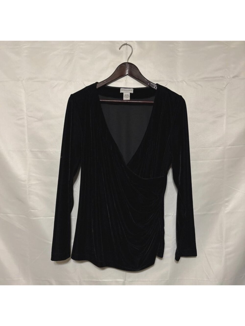 Soft Surroundings Black Velvet Drape Front Long Sleeve Top L